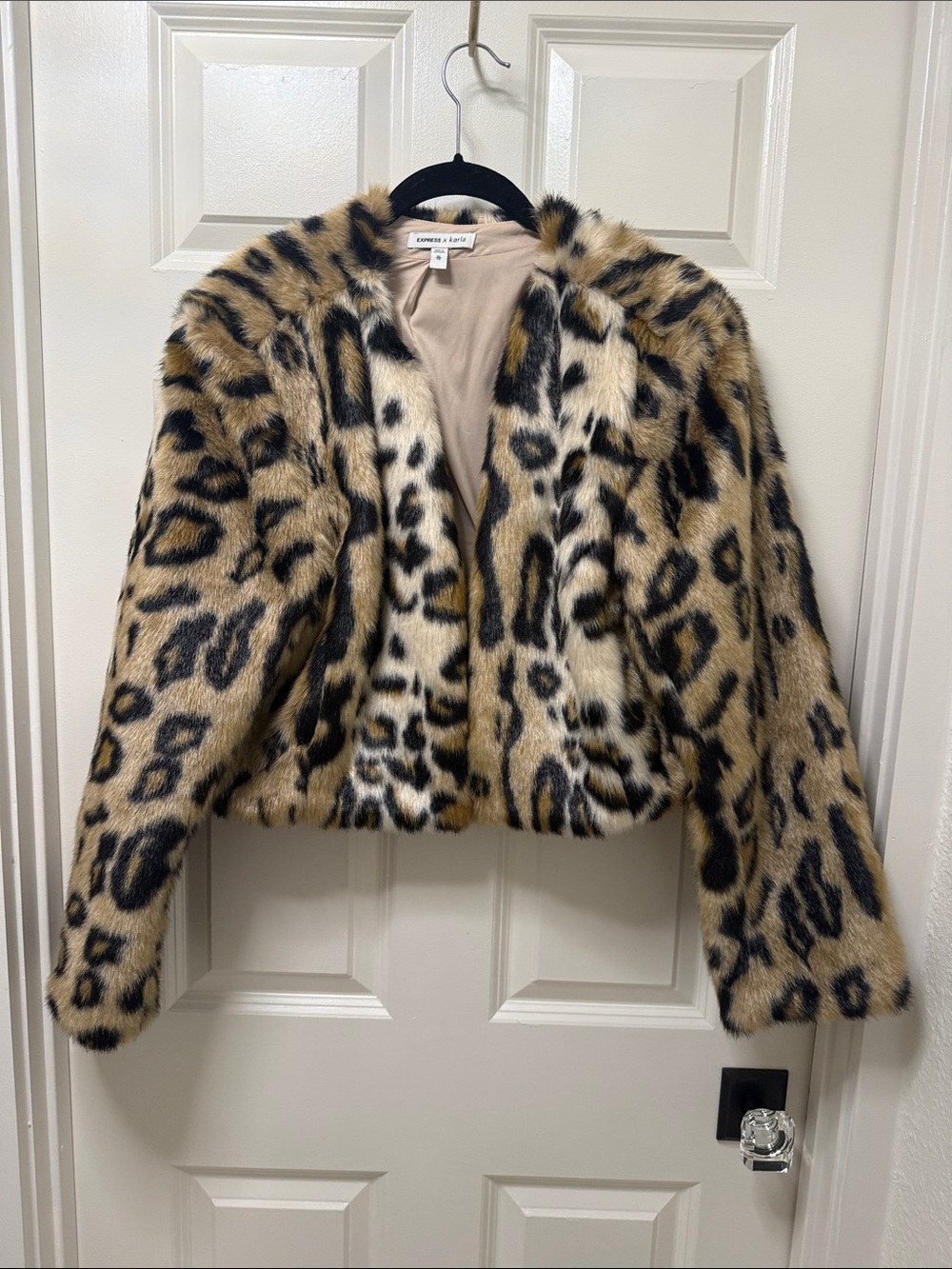 Express x Karla Faux Fur Leopard Print Jacket - Tan/Black